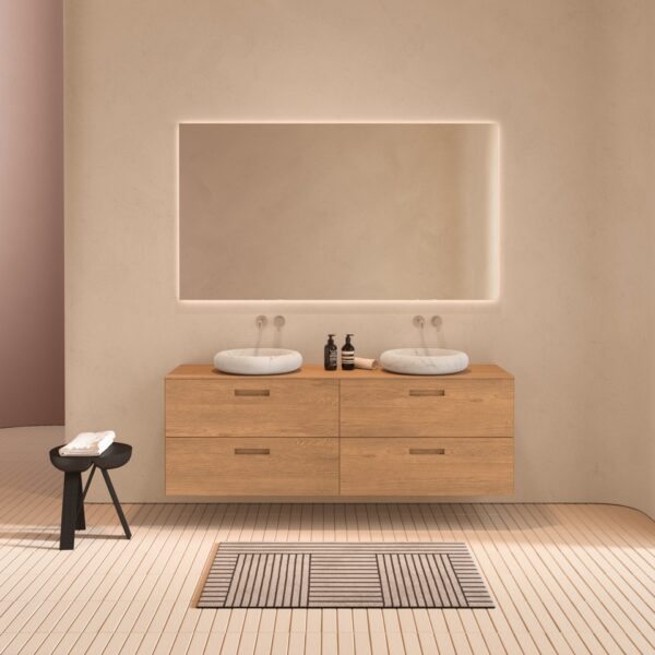 Ensemble meuble double vasques Ease en marbre de carrare_Meuble suspendu 4 tiroir en chêne naturel_Inbani