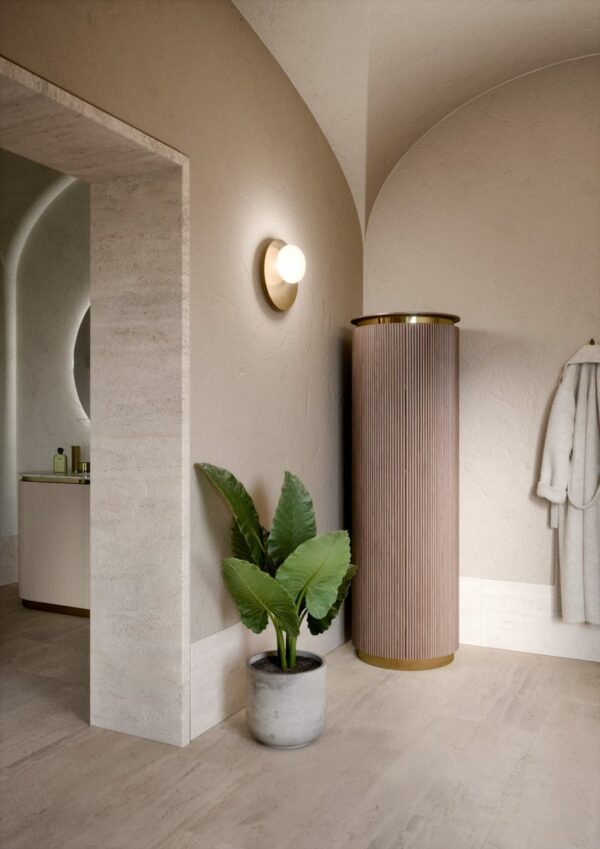Oasis_Freestanding round cabinet in ribbed Walnut finish:glossy gold. Choro wall lamp