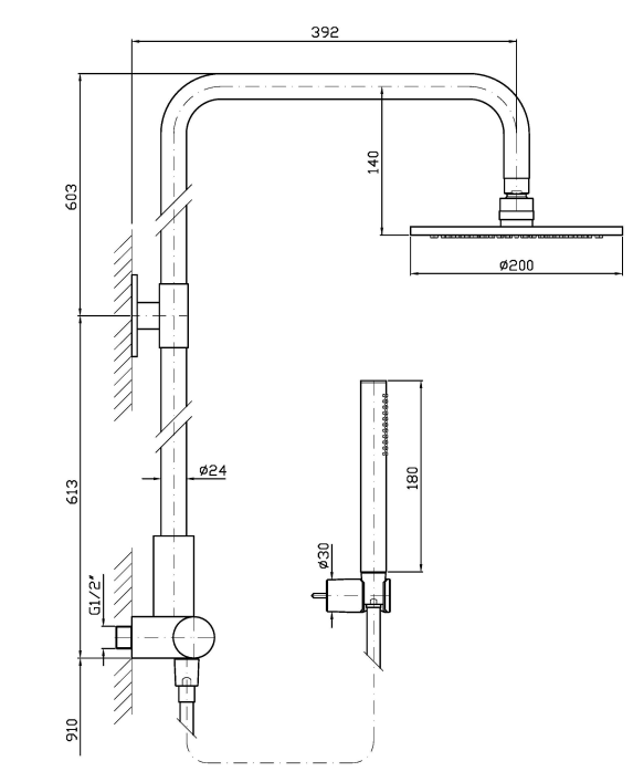 Technical data for the PAN collection thermostatic shower column with hand shower