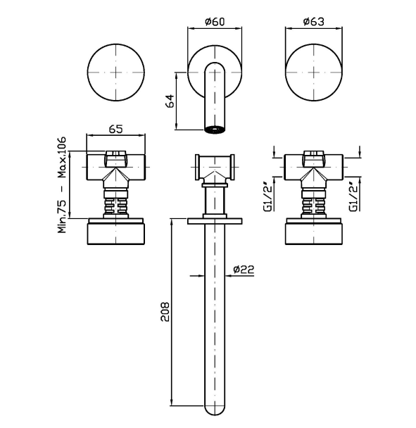 ISY22_Zucchetti_Wall_Mixer_Sink_Three_Outlets_Technical_Drawing